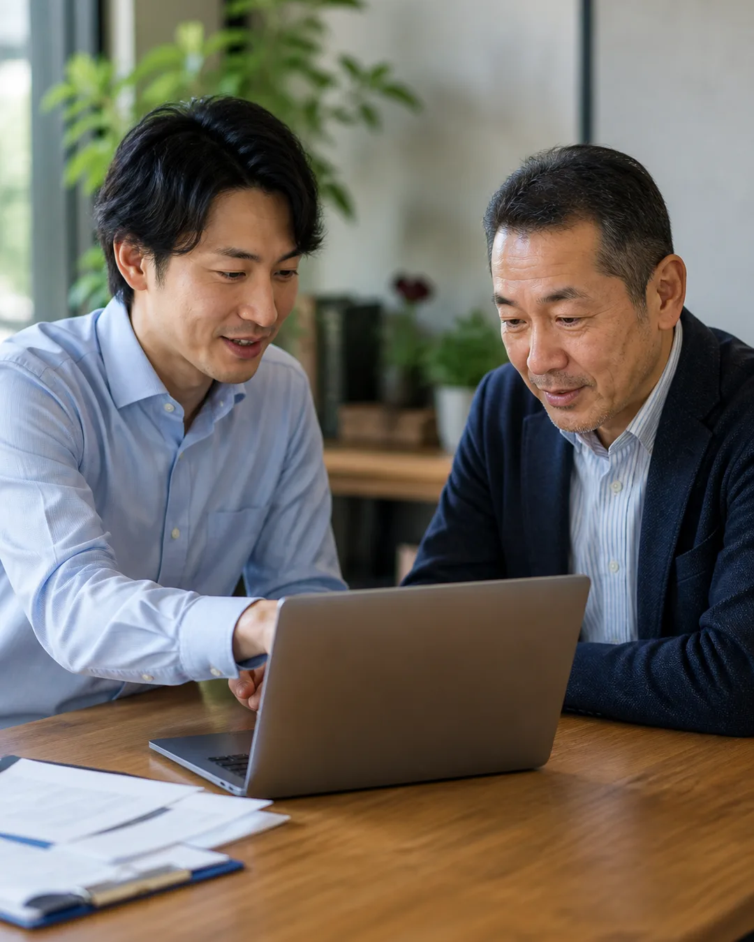 AI顧問と中小企業の社長が並んでノートPCを見ている